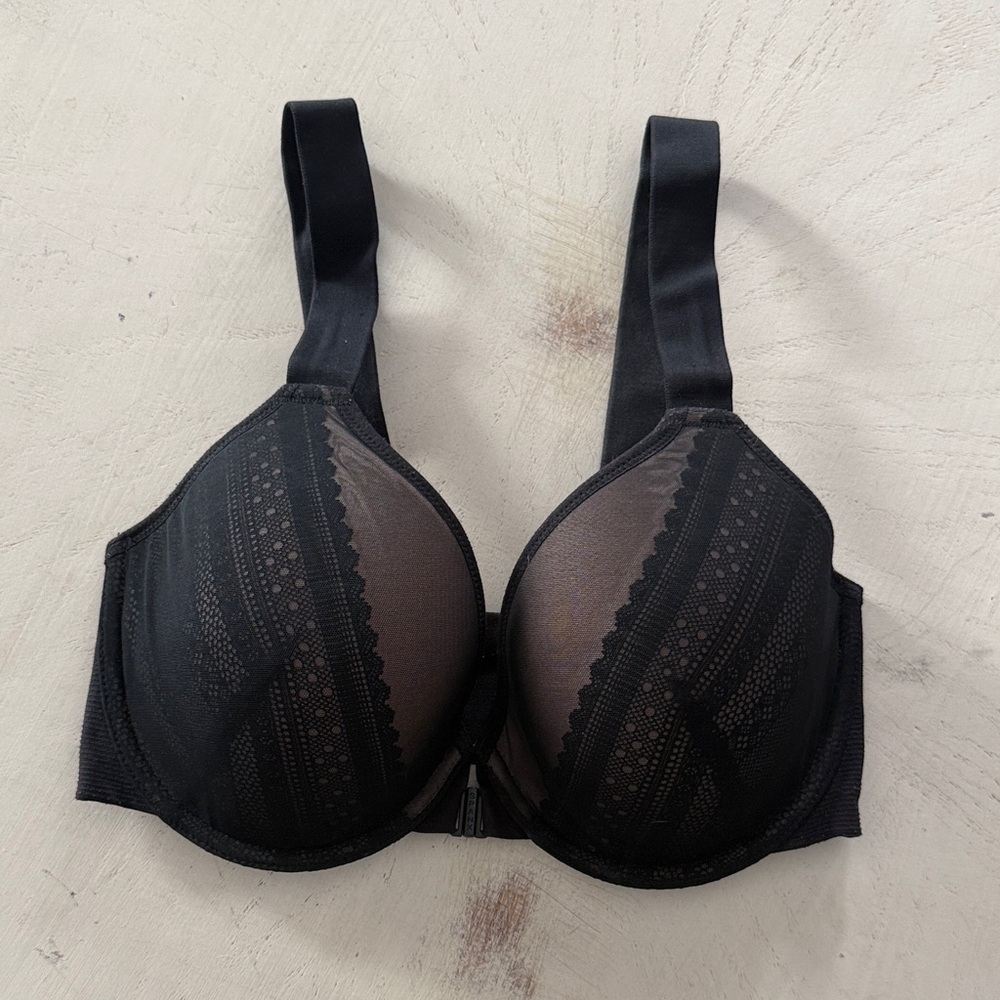 Spanx Black Lace-Overlay Front Closure Bra - 32DD 3/$40